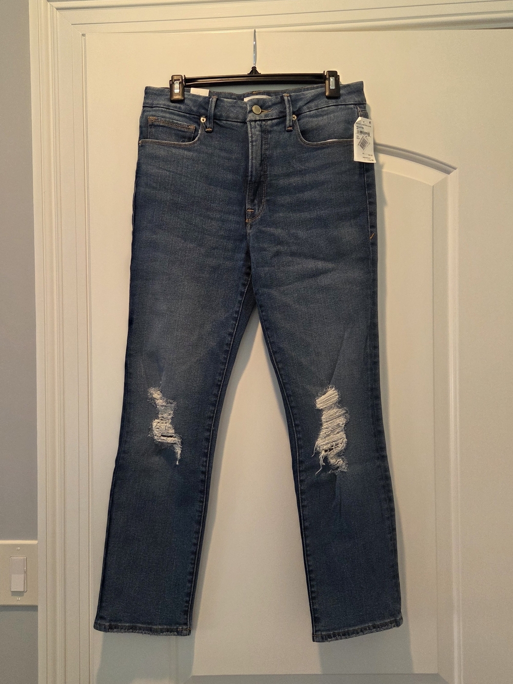 Good American Distressed Mid Blue Straight Leg Jeans